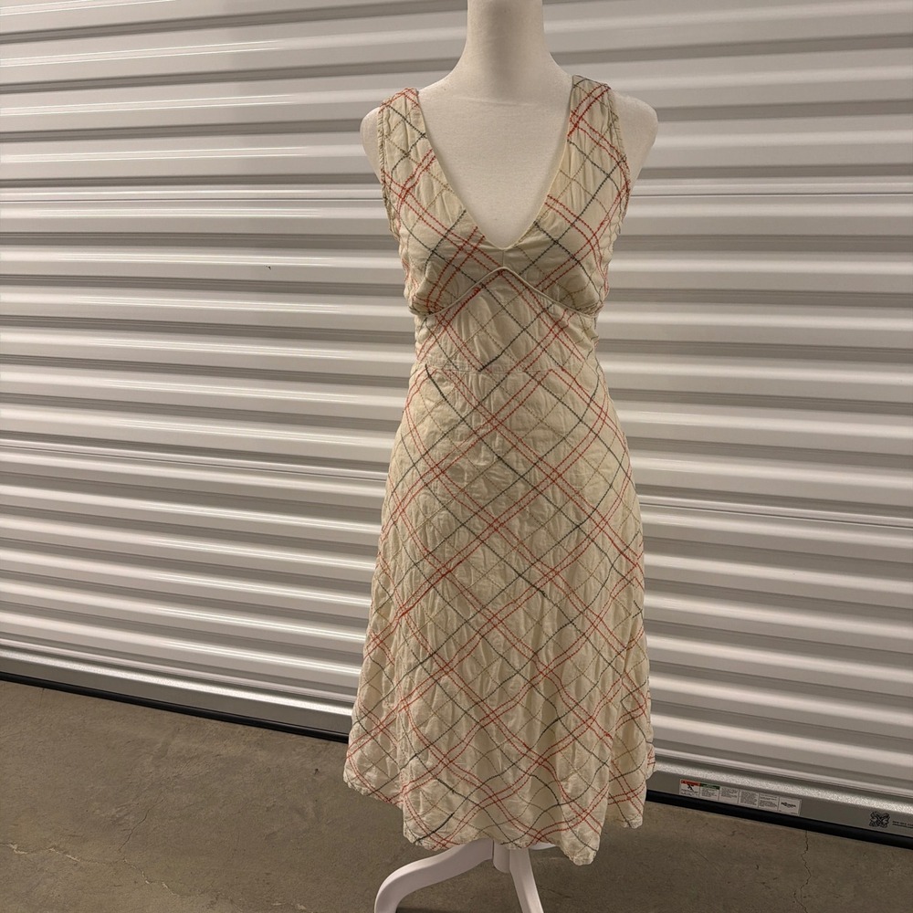 Putumayo Dress Womens M Cream Plaid Mori Girl Crinkle Cottagecore Boho V Neck